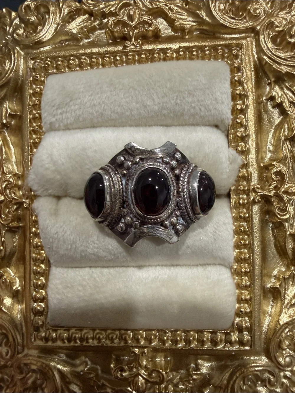 Sterling Silver Garnet Three-Stone Statement Ring - Size 7